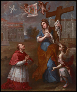 853.  MIGUEL CABRERA (Mexico, 1695 - 1768)El cardenal Mendoza adorando a Santa Elena y a la Santa Cruz, con el colegio de Santa Cruz de Valladolid al fondo