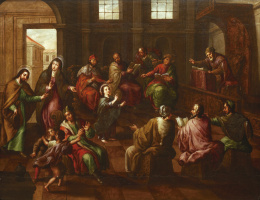 857.  NICOLAS CORREA (México, h. 1660-1720)Jesús con los doctores en el Temploh. 1795-1700