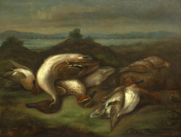 825.  CÍRCULO DE JOSÉ FELIPE PARRA (Valencia, 1824 - ?)Bodegón de caza muerta con patos y paisaje marítimo al fondo