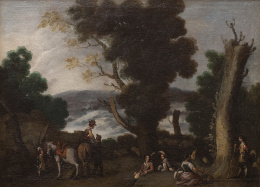 742.  ATRIBUIDO A CORNELIS DE WAEL (Amberes, 1592-Roma, 1667)Paisaje con campesinos y dama desmontando