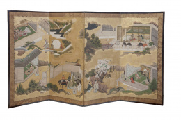 378.  Biombo de cuatro hojas, papel pintado, dorado y seda aplicada.Escuela de Tosa, periodo Edo, Japón, S. XVII.
