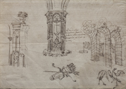 818.  ESCUELA ESPAÑOLA, SIGLO XVIIIEstudio de una columna, una pérgola de jardín, dos aves, un arco- carcaj con flechas y el remate de un edificio