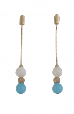 157.  Prog. 29002. Pendientes largos con cuentas de nácar y turquesa unidas por esfera de oro mate