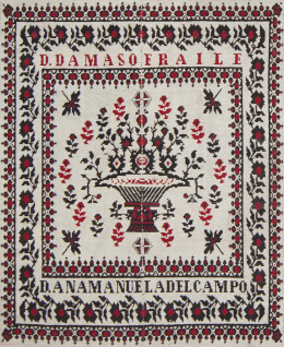907.  Alfombra de Cantalapiedra en lana con inscripción "D. Damaso fraile D. Ana Manuela del Campo".Trabajo salmantino, ff. del S. XIX - pp. del XX.