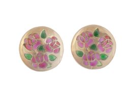 229.  Pendientes circulares con flores de esmalte rosa y verde