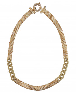 159.  Collar realizado con malla tubular aplanada que en el frente presenta dos motivos de cadena de eslabones de oro en forma de soga