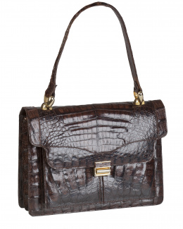 338.  Bolso de piel de cocodrilo salvaje marrón con asa corta y cierre en solapa frontal