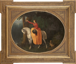 738.  A. PRADO (Escuela española, siglo XIX)Retrato de dama a caballo sobre un paisaje inserto en un óvalo fingido