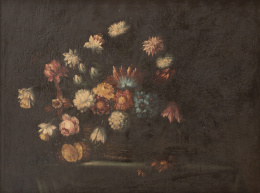714.  ESCUELA ESPAÑOLA, SIGLO XIX- XXCesta de flores sobre un tapete azul