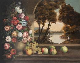 722.  ESCUELA ESPAÑOLA, SIGLO XIXBodegón con jarrón de flores, manzanas, uvas sobre un pedestal de piedra en un paisaje