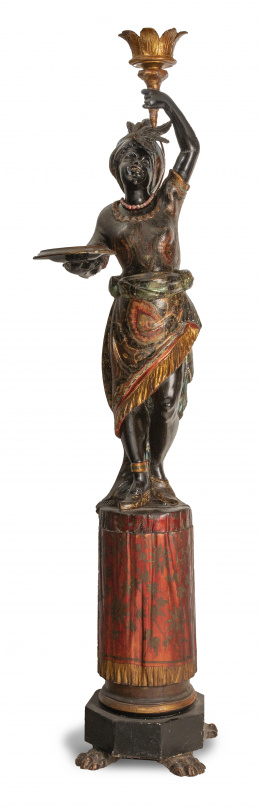 1051.  Blackamore.En madera tallada, policromada y dorada.Trabajo veneciano, ff. del S. XIX.