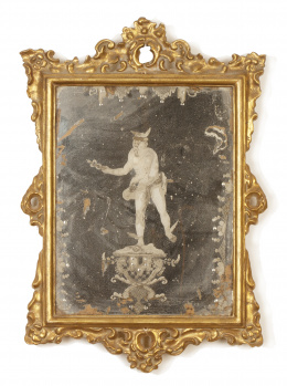 546.  Pareja de espejos de madera tallada y dorada y cristal grabado con figuras alegóricas de Mercurio y Urania.La Granja, S. XVIII.