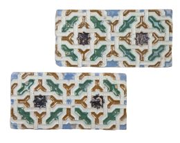 588.  Dos azulejos de cerámica de arista esmaltada en ocre, verde y negro con decoración geométrica.Toledo, S. XVII - XVIII.
