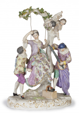 964.  El columpio, grupo escultórico de porcelana esmaltada.Samson, S. XIX