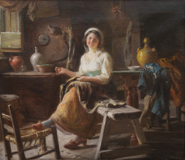 752.  Giuseppe MAGNI (Italia 1869 - 1956)Joven sonriente cosiendo