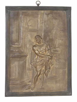 896.  "Cristo en el templo".Placa devocional en bronce.Trabajo flamenco o español S. XVII.