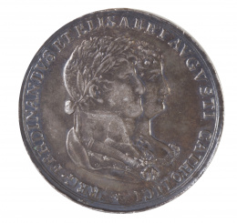 333.  Medalla colgante conmemorativa de la boda de Fernando VII e Isabel de Braganza en plata. Cádiz 1816