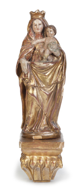705.  Virgen con el Niño.Escultura en madera tallada, policromada y dorada.Escuela española, pp. del S. XVIII.