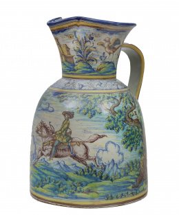 1144.  Jarro de cerámica esmaltada, siguiendo modelos decorativos de la serie policroma.Ruiz de Luna, Talavera, primera época de la fábrica, primer cuarto del S. XX.