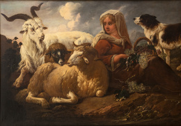 930.  PHILIPP PETER ROOS, llamado ROSA DA TÍVOLI (Fráncfort del Meneo, 1657- Roma,1706)Paisaje con pastora ovejas, cabra, perro y una cesta de frutas