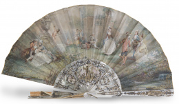1252.  Abanico con país de papel pintado con escena galante, varillaje y padrones de nácar con incrustaciones metálicas.España, h. 1900.