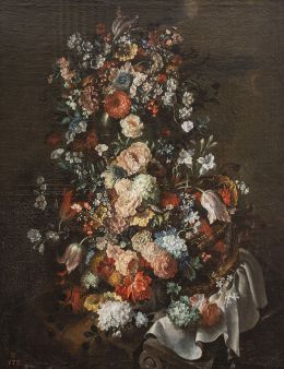 800.  ESCUELA ITALIANA, SIGLO XIXFlorero en una cesta sobre un pedestal de piedra