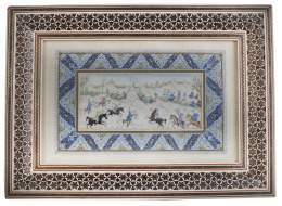 666.  La partida de polo.Miniatura sobre marfil, con marco de marquetería en micromosaico en hueso, dorado, y policromado y papel pintado.Isfahan, Persia.