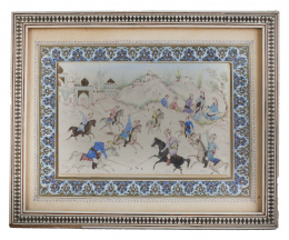 664.  La partida de polo.Miniatura persa sobre marfil, con marco de marquetería de micromosaico en hueso y papel pintado.Isfahan, Persia.