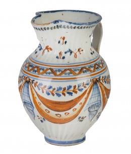 570.  Jarro de cerámica esmaltada en ocre y azul de la serie de pabellones.Talavera, S. XIX.