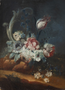 975.  BENITO ESPINÓS (Valencia, 1748- 1818)Florero de rosas, lirios, anémonas y otras florecillas sobre una piedra en un paisaje