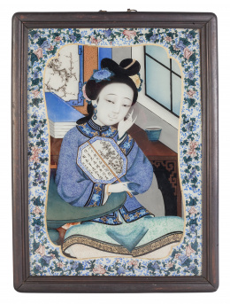 690.  Dama con pai-pai.Cristal pintado al revés.Trabajo chino para la exportación, S. XIX.