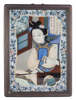 692.  Dama sonriente.Cristal pintado al revés.Trabajo chino para la exportación, S. XIX.