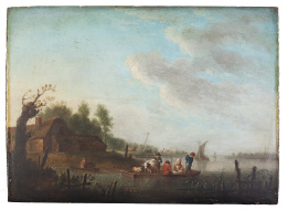 847.  ESCUELA HOLANDESA, SIGLO XVIIPaisaje marítimo con figuras en una barca