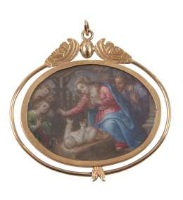 9.  Colgante S. XVIII con miniatura sobre cobre de Virgen y San José con el Niño en marco de oro