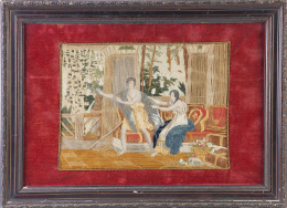 748.  Escena mitológica.Bordado de hilos y grabado coloreado, con marco de madera tallada.Trabajo español, S. XIX.