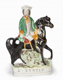 715.  Dick Turpin* a caballo con inscripción "D. Turpin".Figura de loza esmaltada.Staffordshire, Inglaterra, S. XIX.
