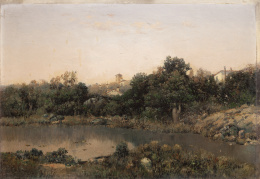 924.  JOSÉ FRANCO CORDERO ( Jérez de la Frontera, 1850-Madrid, c. 1910)Paisaje con río
