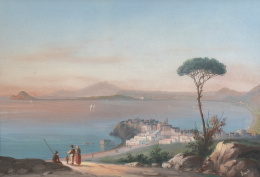 740.  B. MEURIS (Escuela napolitana, siglo XIX)Vista de la bahía de Pozzuoli con capo Miseno e Ischia al fondo