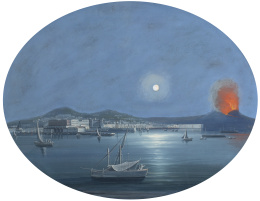 742.  ESCUELA NAPOLITANA, SIGLO XIXVista nocturna del bahía de Nápoles con el Vesubio al fondo