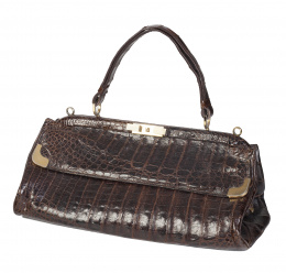 390.  Bolso de piel de cocodrilo marrón oscuro con asa corta y asa lasga demontable