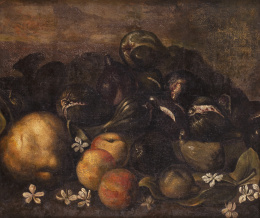 854.  ESCUELA ESPAÑOLA O ITALIANA, SIGLO XVIIBodegón de higos, manzanas y membrillo sobre un paisaje