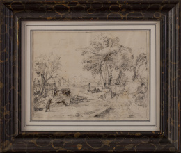 821.  ESCUELA ITALIANA, SIGLO XIXPaisaje con figuras y cascasda y Paisaje a las orillas de un río con templetes