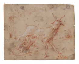 820.  ESCUELA FRANCESA, H. 1800Estudio de una cabra amamantando a un niño en un paisaje