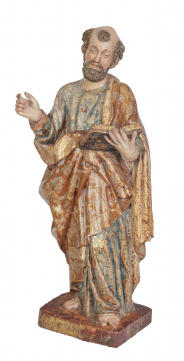 950.  Evangelista.Escultura en madera tallada, policromada y dorada.Trabajo español, seguidor de Gregorio Fernández, S. XVII.