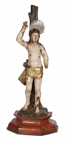 692.  San Sebastián.Escultura en madera tallada y policromada, Trabajo español o portugués, S. XVII.