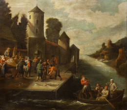 852.  CÍRCULO DE DAVID TENIERS II (Escuela flamenca, siglo XVII)Lonja de pescado en un puerto