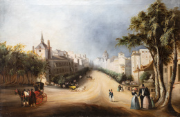 822.  ANTONIO CORTÉS Y AGUILAR (Sevilla, 1827-Lagny-sur-Marne, Francia, 1908)Vista de la calle de Alcalá desde la Plaza de Cibeles