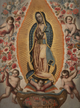 834.  ESCUELA MEXICANA, H. 1700Virgen de Guadalupe con flores y ángeles y una vista la ciudad de México con la Basílica Guadalupe en el Cerro de Tepeyac