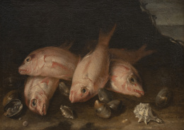 826.  PEDRO DE MEDINA (Sevilla?, ca. 1620- Sevilla, 1691)"Peces y conchas sobre un paisaje" y "Peces sobre un paisaje"