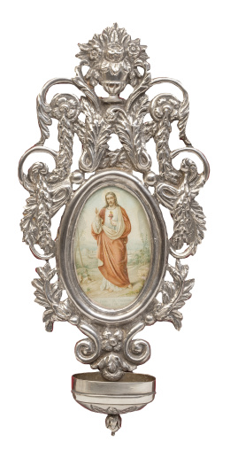 680.  Pila de plata con lámina del Sagrado Corazón de Jesús.pp. del S. XIX.